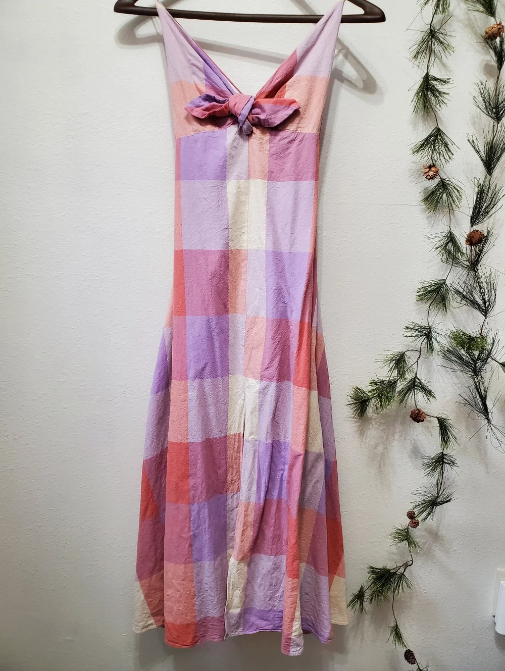 Dress Forum LA Ally Plaid Maxi Dress Lavender Coral Tie-back Front Slit Lined - Picture 16 of 16